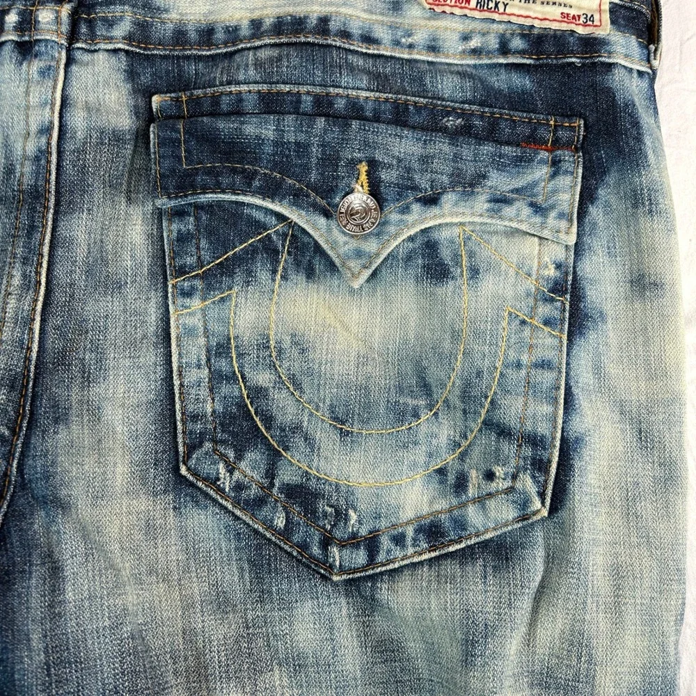True Religion Ricky Jeans Mens 40 Acid Wash Straight Leg Blue White Made in USA